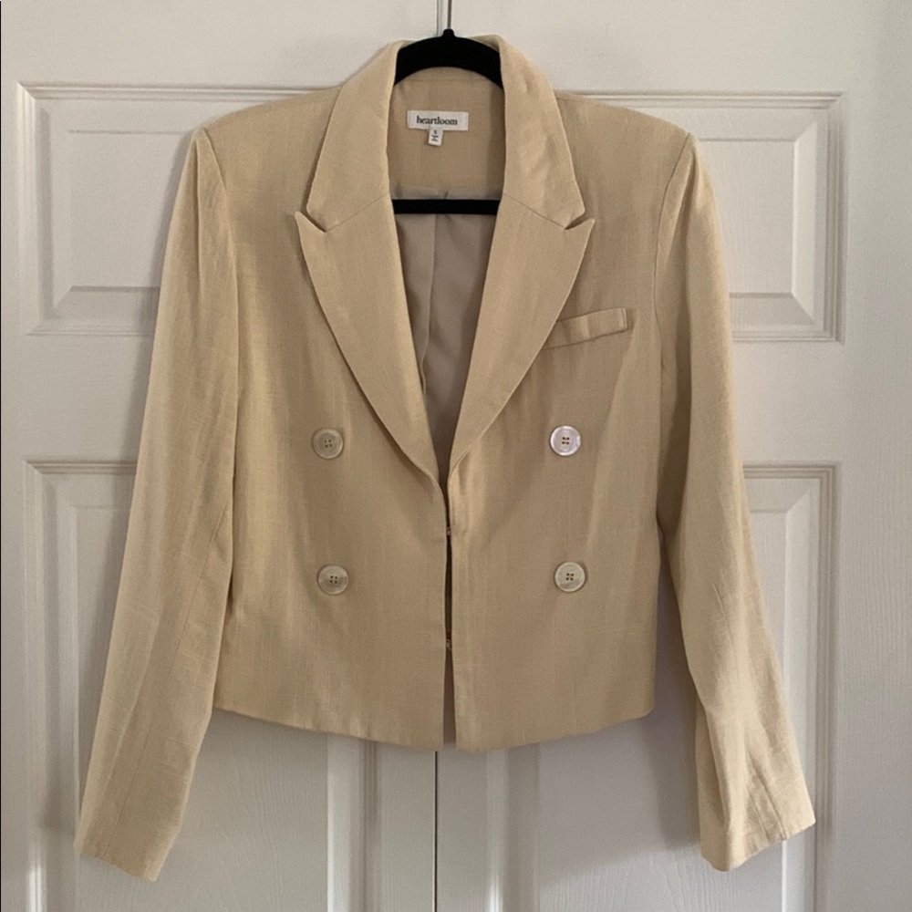 Women's Cream/Yellow Cropped Blazer Size Small Cotton and Linen